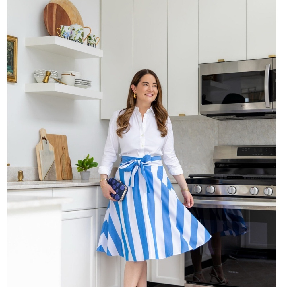 Ann Taylor Striped Tie Waist Skirt – Blue & White, Size 6 | Lined A-Line Skirt